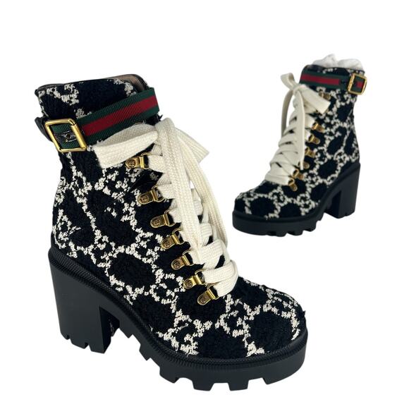 Gucci Tweed GG Monogram Lace Up Combat Ankle Boots - Picture 5 of 15